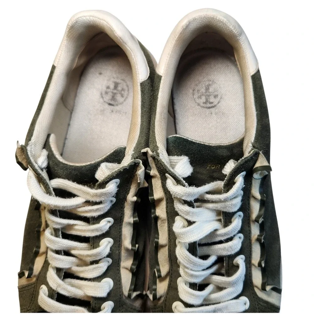 TORY BURCH Howell Court Ruffle Sneaker Womens‎ 8 Green Ivory Suede Leather